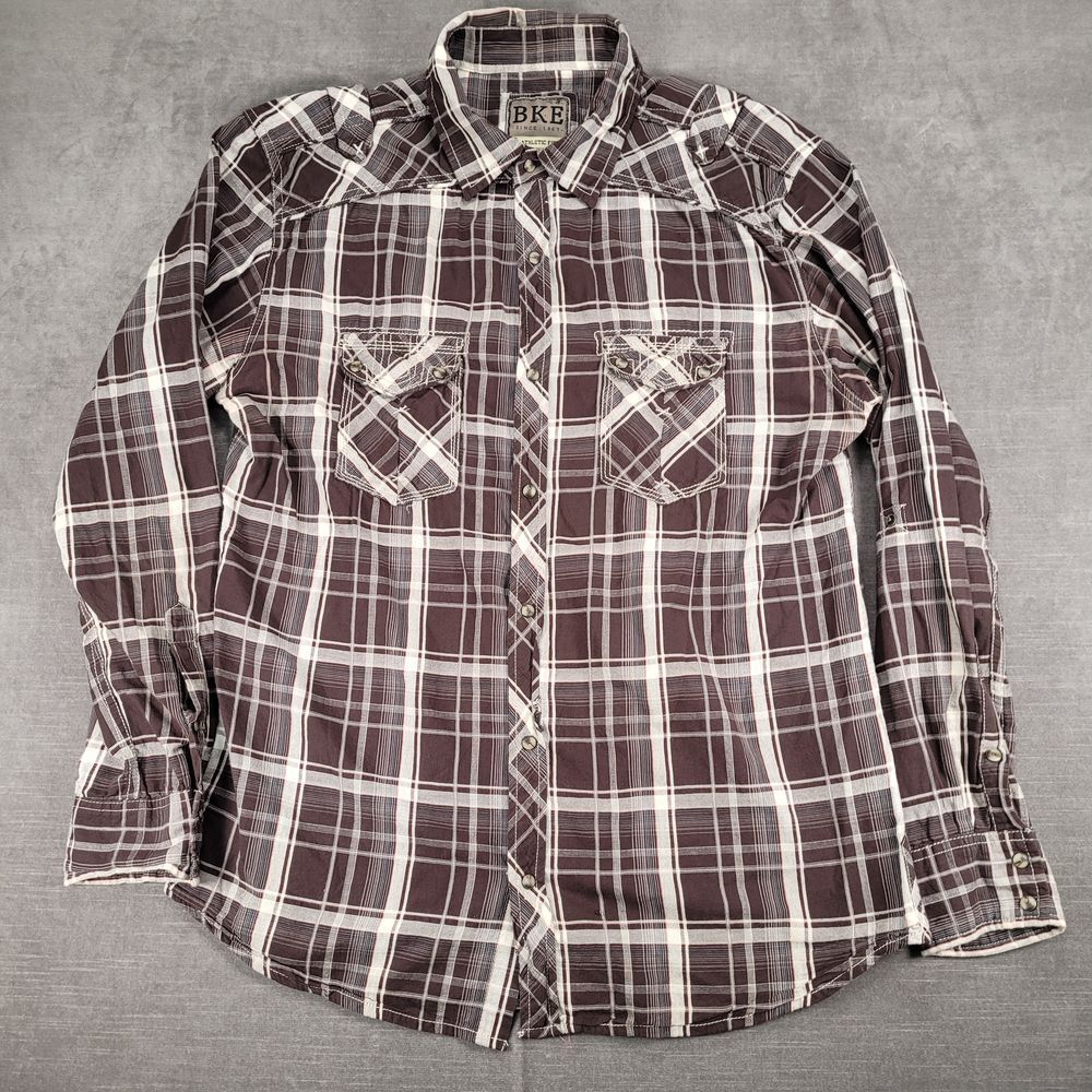 BKE Athletic Fit Brown Plaid Western Flap Pockets Pearl Snap Shirt XL
